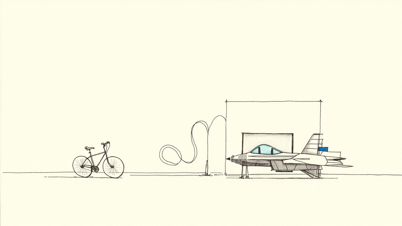 Bicicleta simples estacionada ao lado de carro-foguete exagerado na padaria, modelos acessíveis versus IA de fronteira