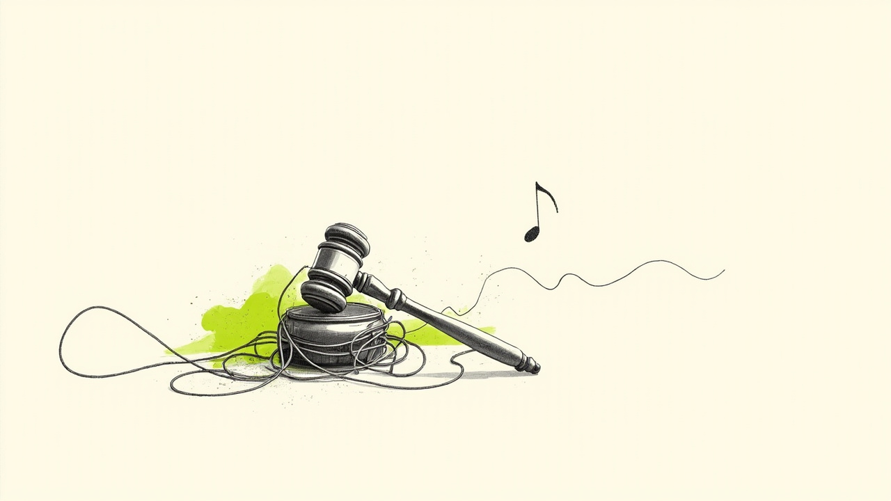 Martelo jurídico sobre cabo de fone enroscado com nota musical, risco de processos de licenciamento musical para marcas