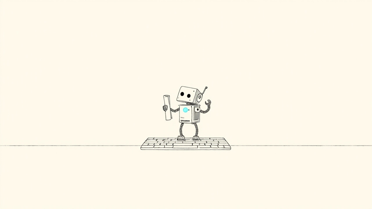 Robô engenheiro com plantas e chave de fenda sobre teclado de desktop, agente de código ZCode da Z.ai