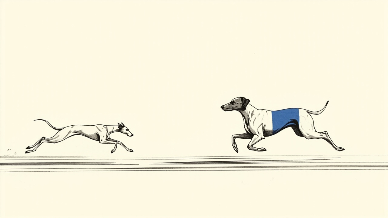Greyhound ultrapassando mastife gigante em pista, modelo Flash do Google alcançando o Opus da Anthropic em programação