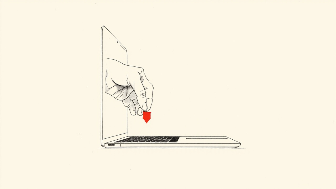 Mão removendo uma chave de um laptop, corte do acesso do Cursor aos modelos da OpenAI após aquisição pela SpaceX
