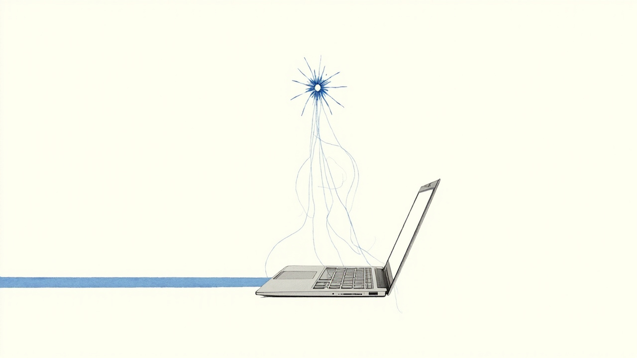 Fagulha brilhante paira sobre teclado de laptop alimentando linhas de código, novo modelo Muse Spark 1.3 da Meta