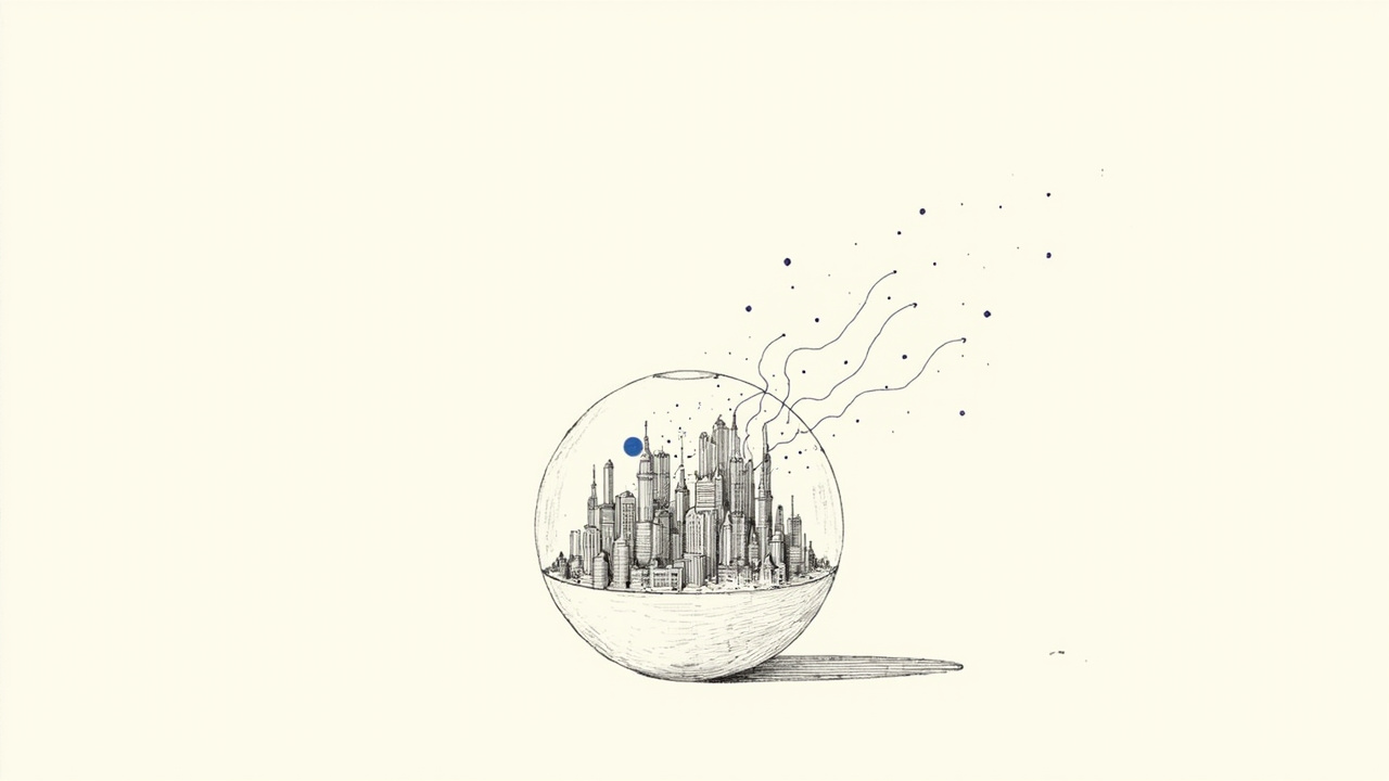 Globo de vidro abriga cidade em miniatura com caminhos que se bifurcam, modelo de mundo como próximo paradigma da IA