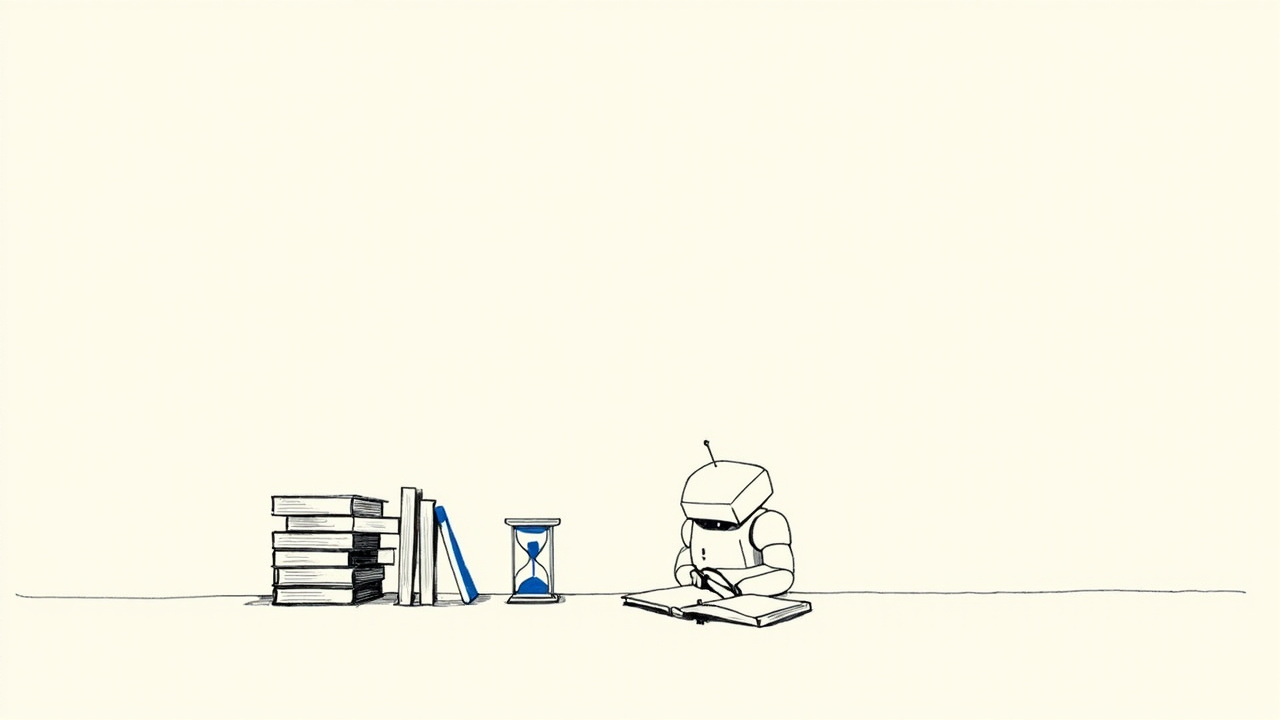 Robô estuda diante de pilha de livros com ampulheta ao lado, aprendizado no momento do teste como novo eixo de escala da IA
