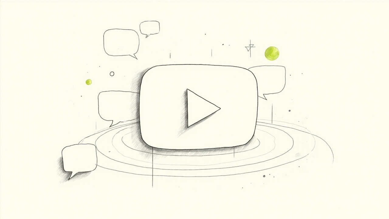 Botão de play gigante cercado por balões de fala em órbita como satélites, YouTube lidera citações em buscadores de IA