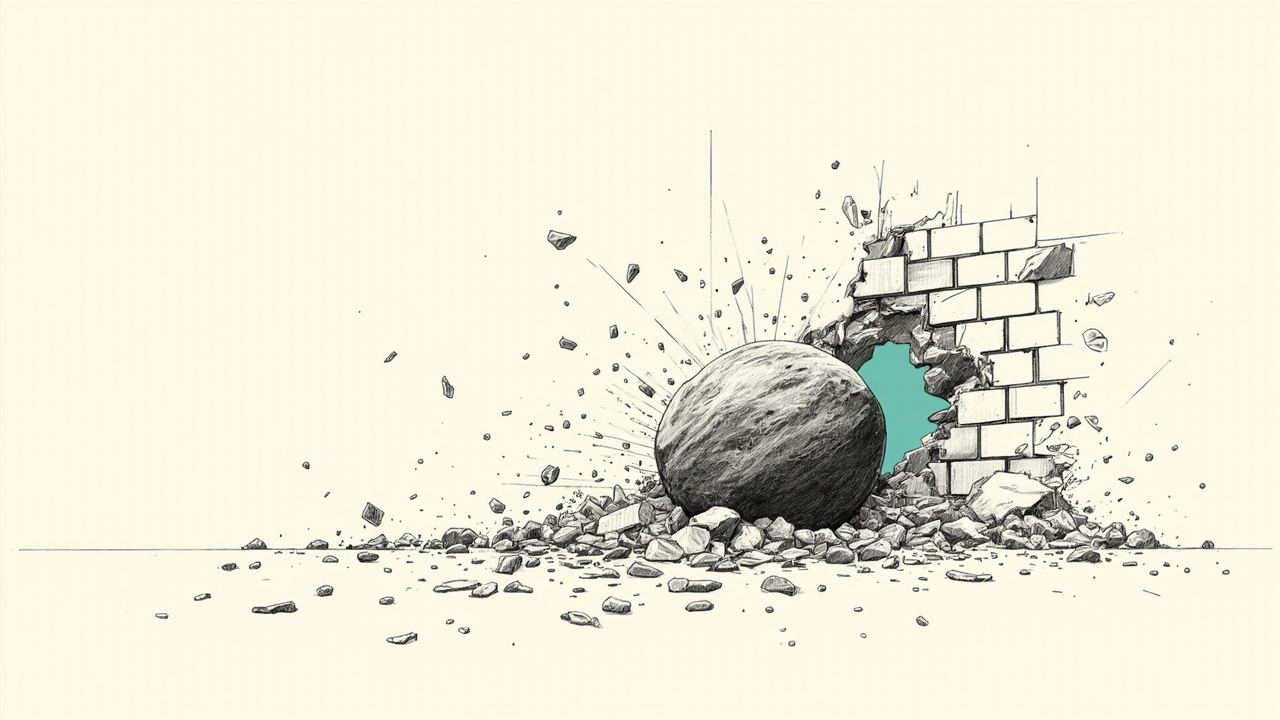Pedra grande atravessando parede de tijolos atrás da mesa de desenvolvedor, disrupção da IA no frontend