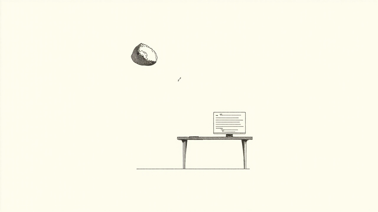 Asteroide caindo sobre escrivaninha com monitor exibindo código, disrupção da IA no desenvolvimento frontend