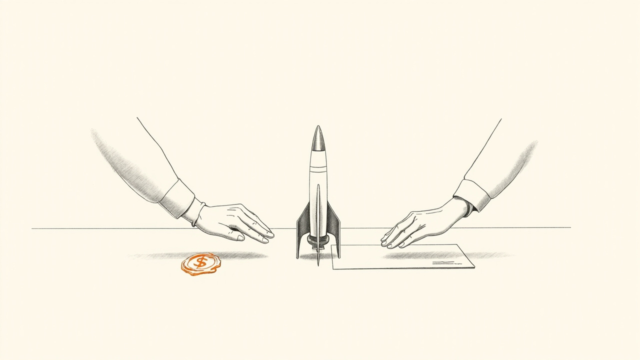 Mãos negociando documento com selo de cifrão sobre mesa com miniatura de foguete, rodada bilionária para Thinking Machines