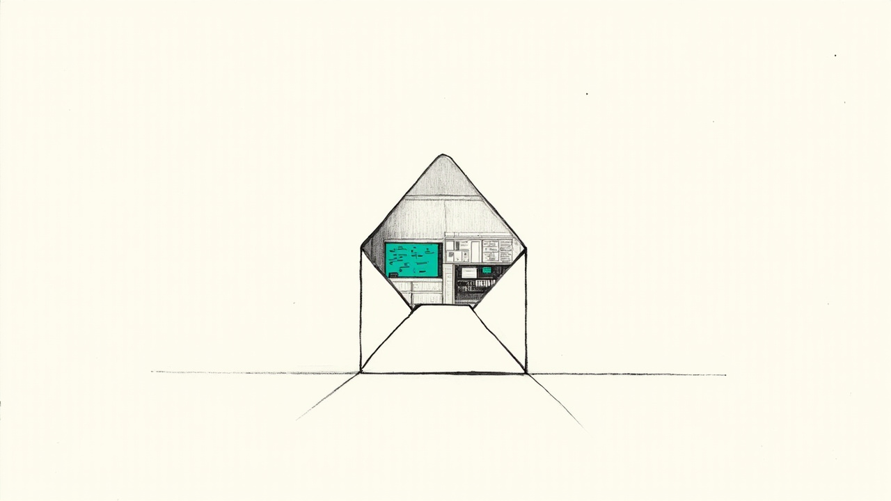 Envelope de papel abrindo como porta para sala de controle com telas, e-mail como interface universal para software