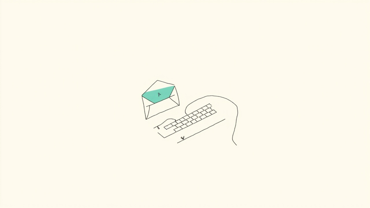 Envelope desdobrando em teclado de computador com teclas espalhadas na mesa, e-mail como interface universal de software
