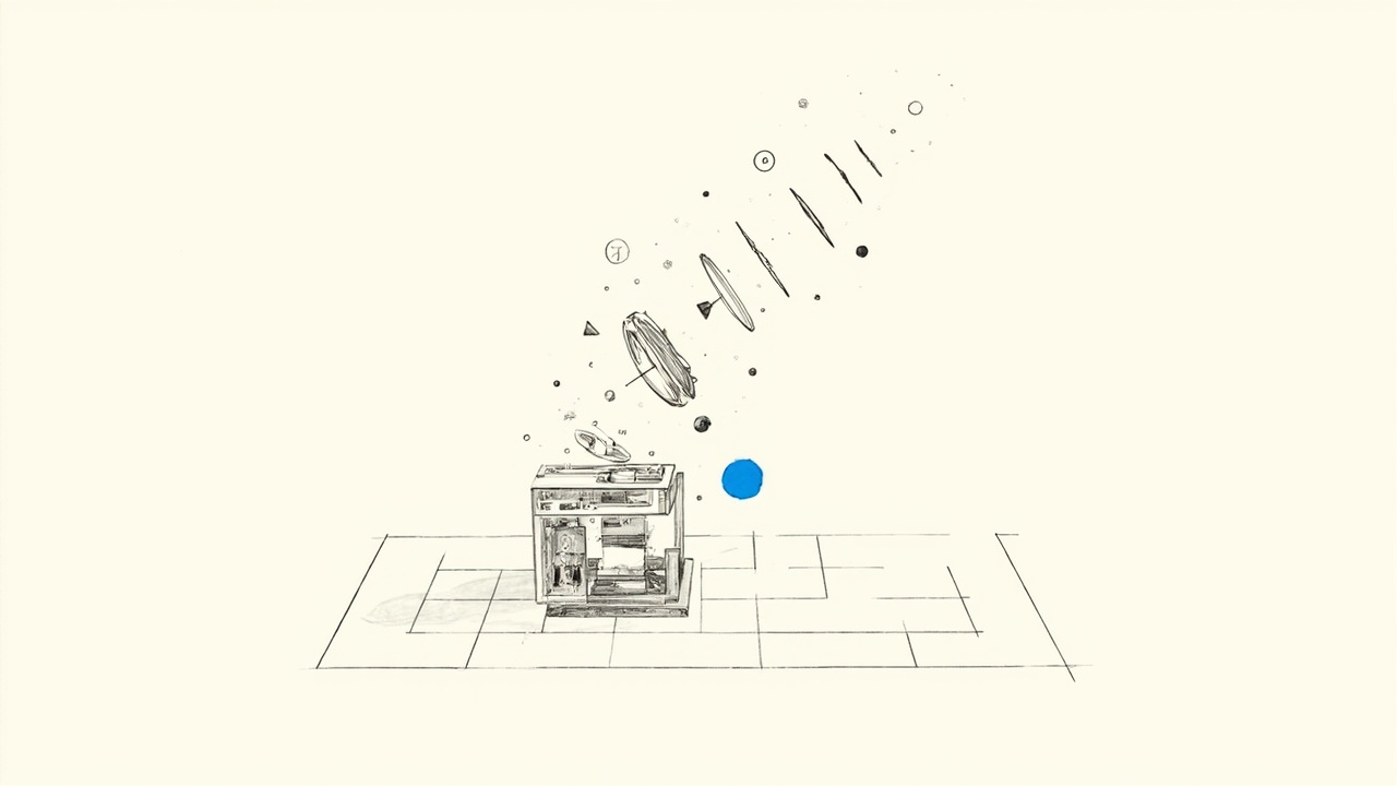 Caixa-puzzle mecânica desmontada em símbolos geométricos sobre tabuleiro de jogo, desempenho do GPT-6 Astra no benchmark ARC-AGI-3