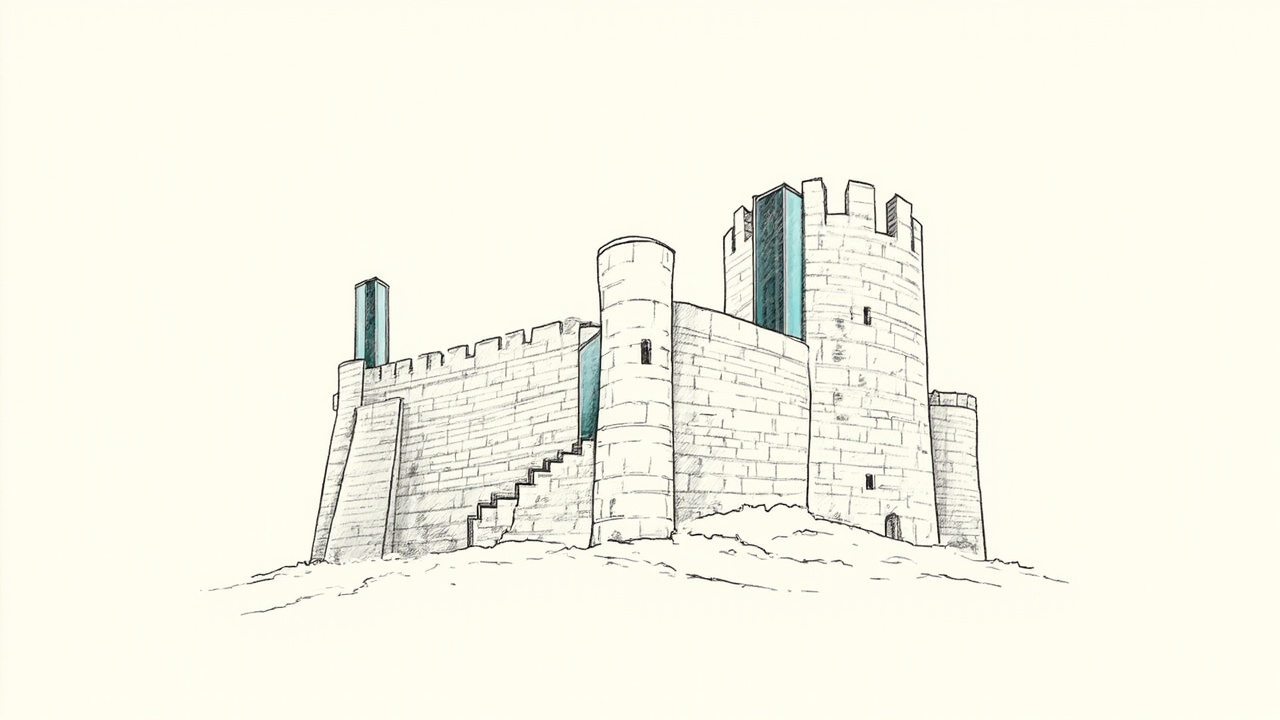 Castelo de pedra antigo com elevadores de vidro modernos instalados nas torres, sistemas legados ganhando agentes de IA