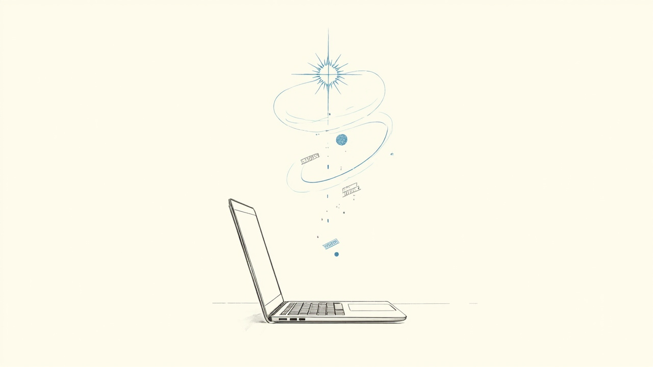 Estrela brilhante pairando sobre um laptop com fragmentos de código orbitando, lançamento do modelo GPT-6 Astra da OpenAI
