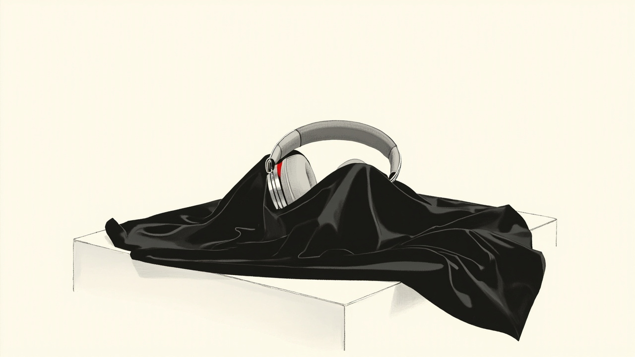 Headset prateado coberto parcialmente por pano negro sobre pedestal, aparelho misterioso Dime associado à OpenAI