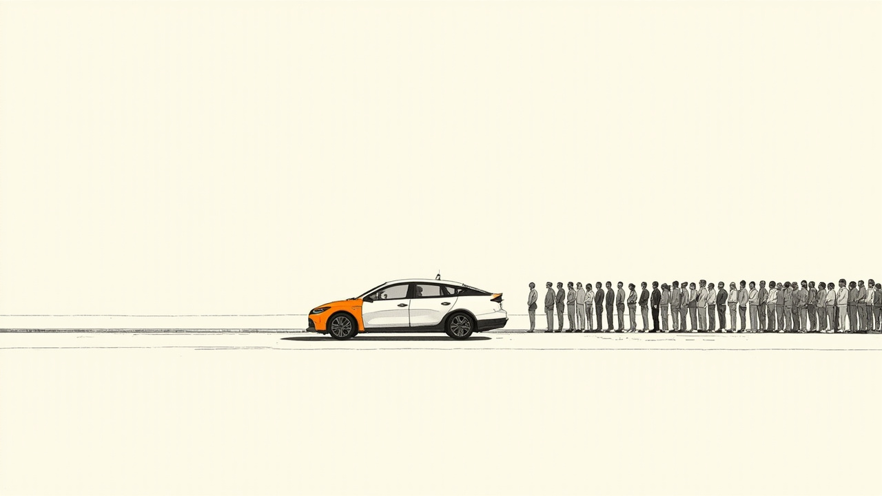 Robotáxi futurista parado no meio-fio com fila longa de passageiros, Cybercab da Tesla tem preço bom mas espera longa em Austin