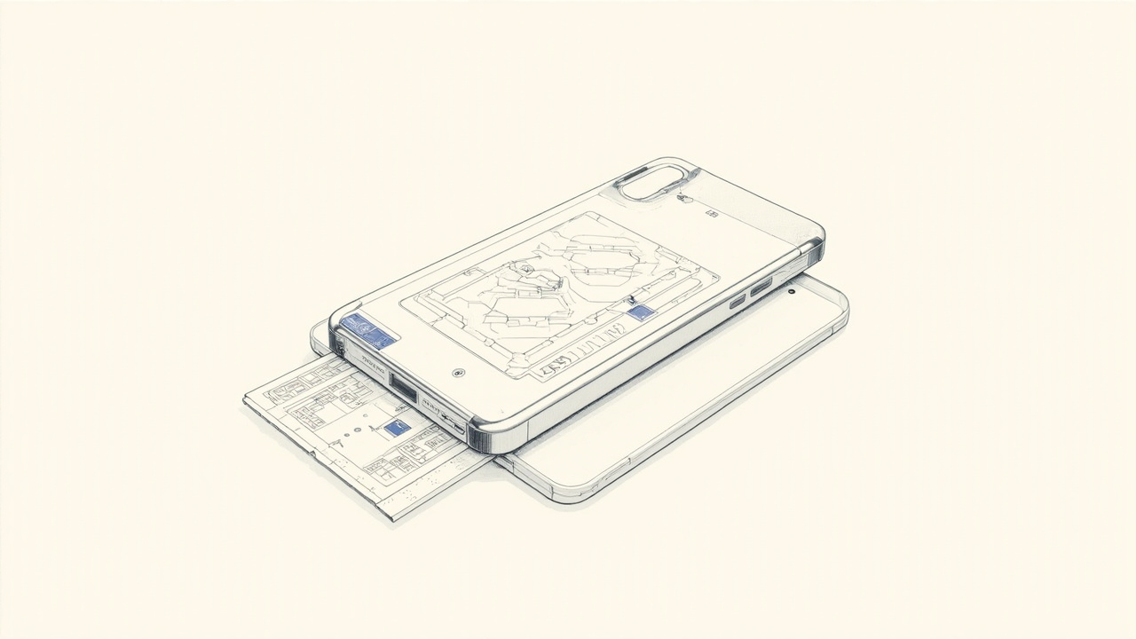 Folha de planta de microchip deslizando sob a capa de um celular na mesa de engenheiro, vazamento do chip A20 Pro do iPhone 18 Pro