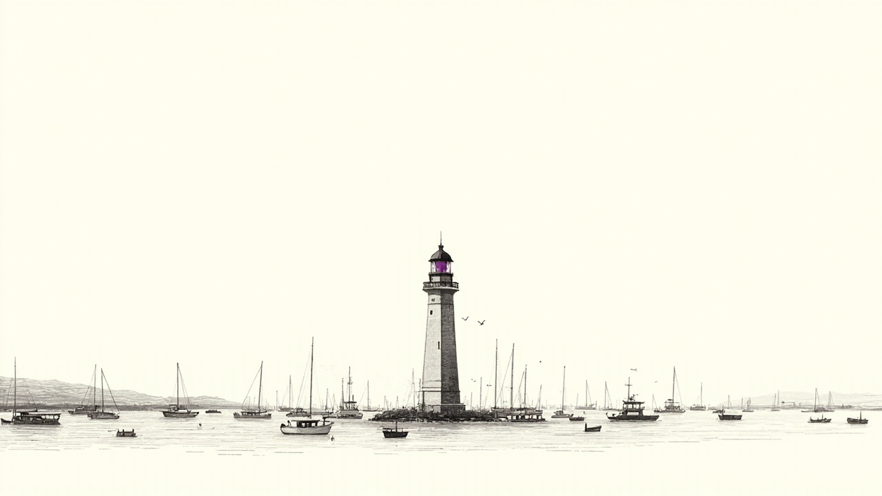 Farol guiando barcos num porto cheio, vantagem de julgamento e critério no produto das empresas de IA