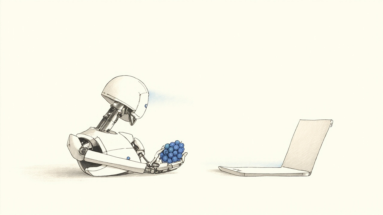 Mão robótica tentando pegar uma uva ao lado de computador de xadrez perfeito, dificuldade da IA incorporada em robótica