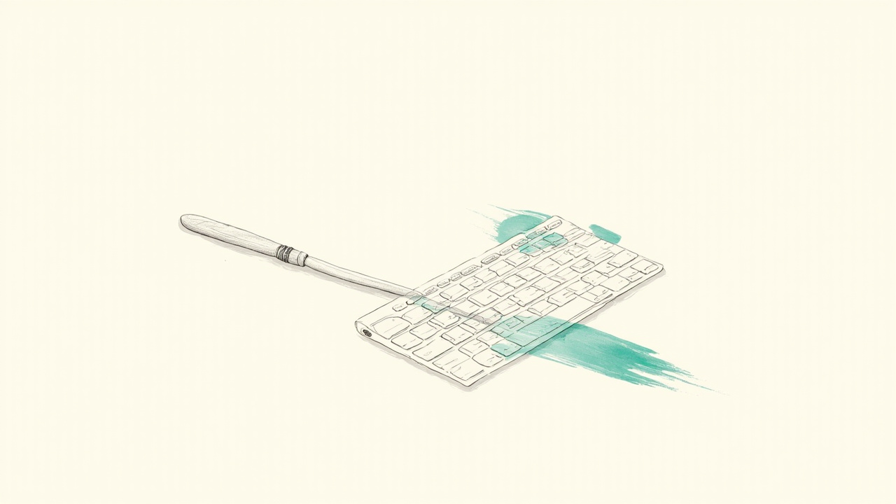 Formão de escultor ao lado de teclado com pinceladas de tinta, programação como prática criativa além da entrega