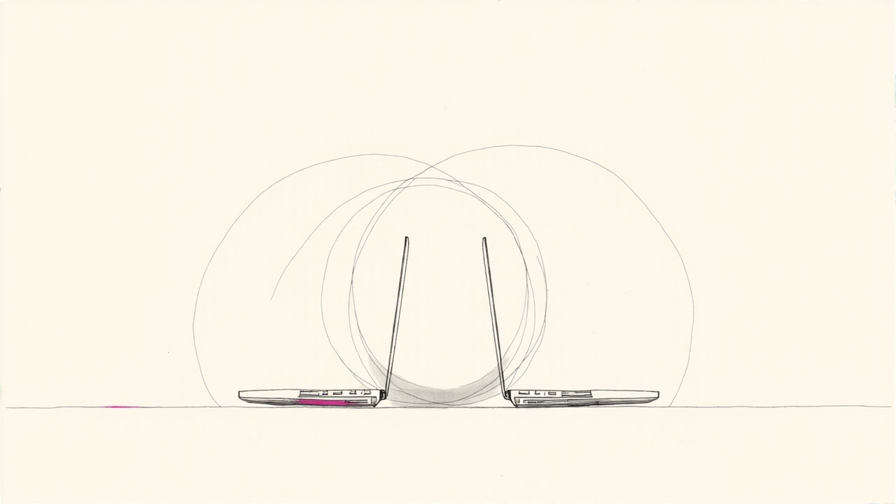 Três círculos sobrepostos de um diagrama de Venn feitos de notebooks sobre uma mesa, metáfora da adoção de IA em times de produto