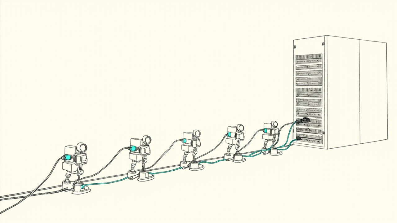 Enxame de pequenos robôs conecta cabos em um rack dentro de um escritório, metáfora dos cloud agents auto-hospedados do Cursor