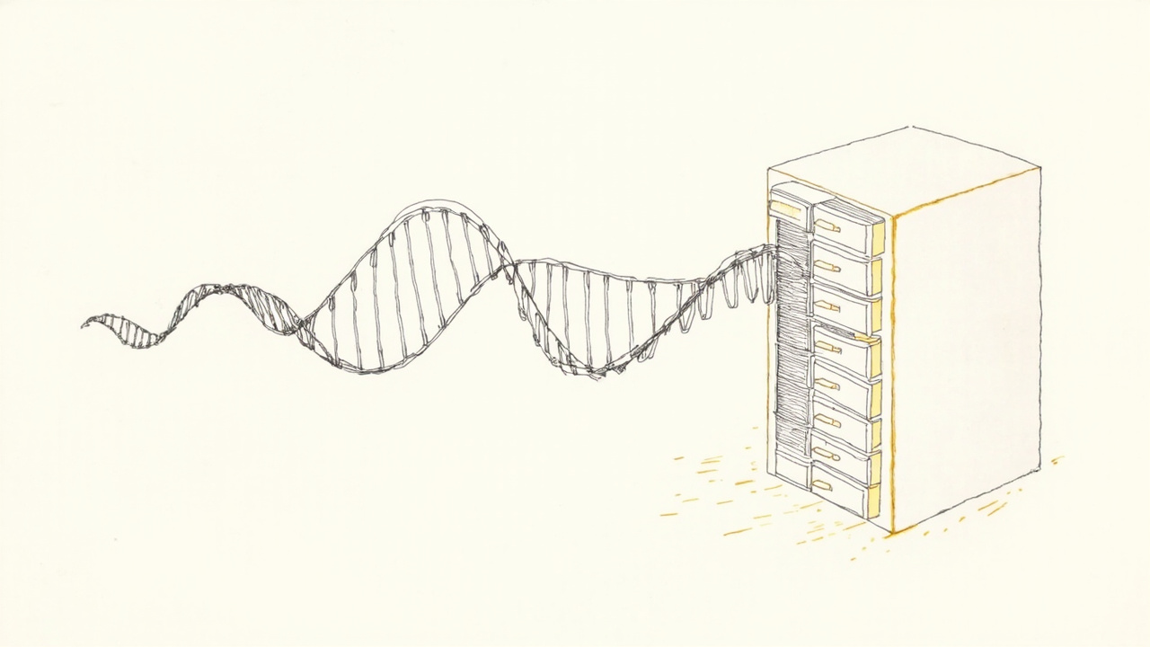 Dupla hélice de DNA desenrolada como um grande fichário de biblioteca, metáfora do atlas AlphaGenome com 9 bilhões de variantes genéticas