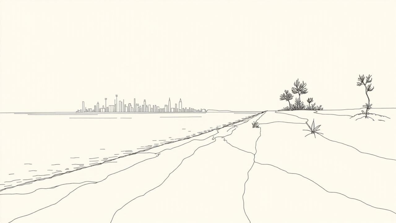 Quebra-mar protegendo mudas de mangue ao lado do horizonte de uma cidade, metáfora do Planetary Design centrado em sistemas ecológicos