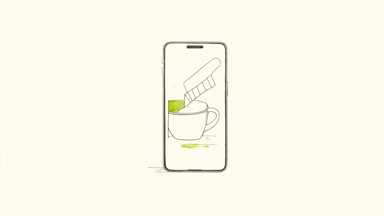 Copo de café com claquete de diretor de cinema em uma tela de celular, metáfora da estratégia de paródias da 7 Brew no TikTok