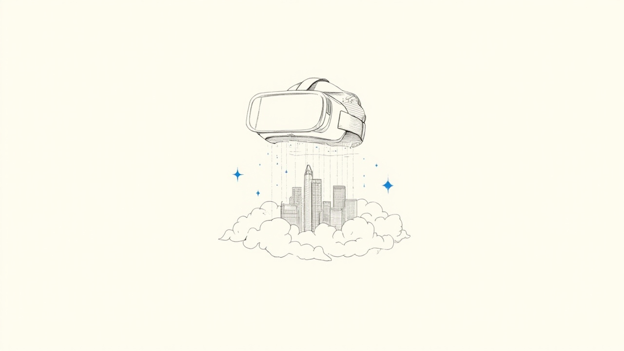 Headset de realidade virtual projetando uma cidade holográfica 3D gerada dentro de um servidor em nuvem, metáfora do modelo espacial da ByteDance
