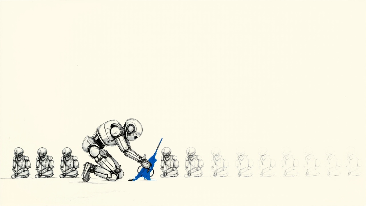 Robô pintando uma cópia de si mesmo em uma linha de montagem de robôs idênticos, metáfora do treino sintético recursivo