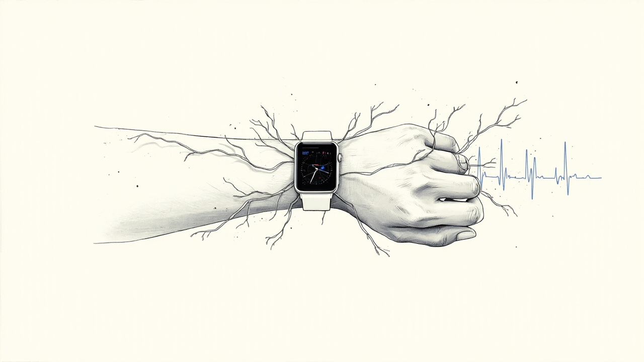 Relógio inteligente no pulso com gráficos médicos brotando da tela como trepadeiras, alusão ao benchmark WearableQA da Meta