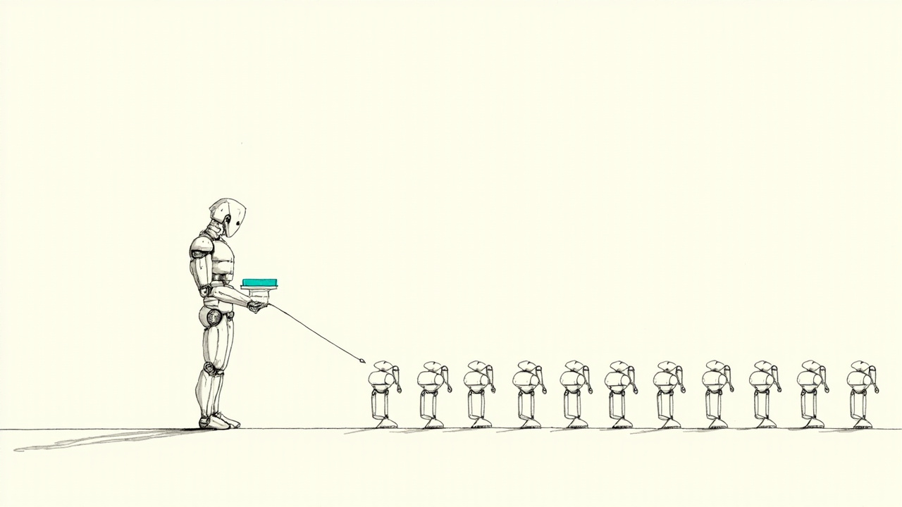 Robô supervisor entrega cintos de ferramentas idênticos a uma fila de agentes, metáfora do harness do Codex liberado na Agents API da OpenAI