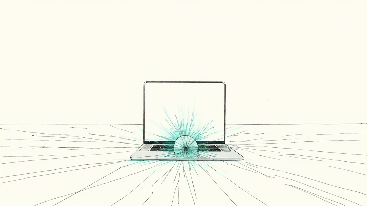 Tela de laptop com um ventilador girando congela a mesa inteira em gelo, metáfora da falha WebGPU que trava Macs