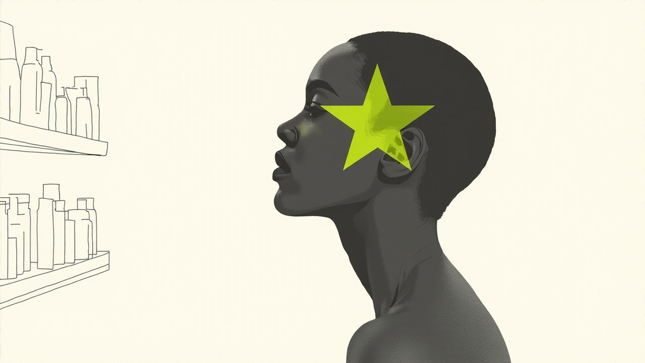 Patch em forma de estrela brilha no rosto em corredor de skincare neutro, retratando a estratégia visível da Starface