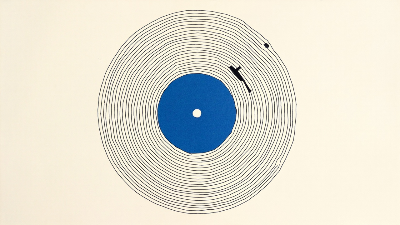 Dois discos de vinil giram juntos e se fundem em um só sulco, metáfora da plataforma de remixes da Universal Music com a ElevenLabs