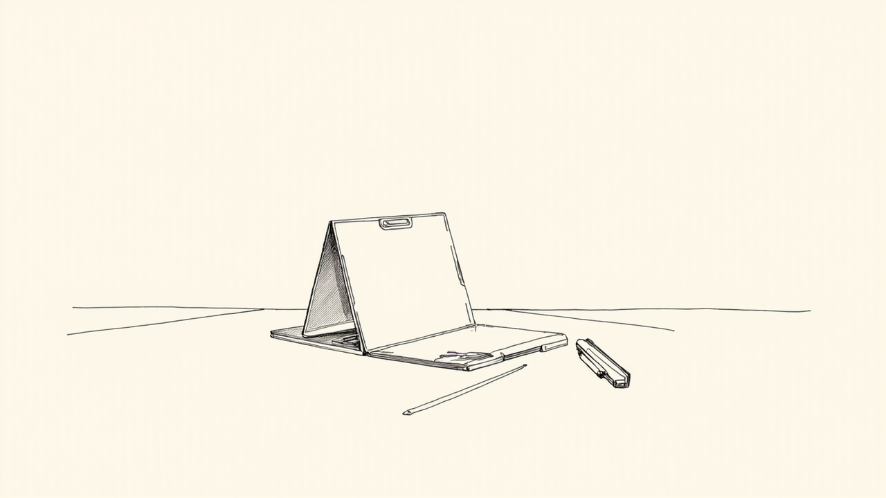 Celular dobrável aberto como um livro sobre a mesa ao lado de uma caneta, metáfora do iPhone Duo e do iOS 27