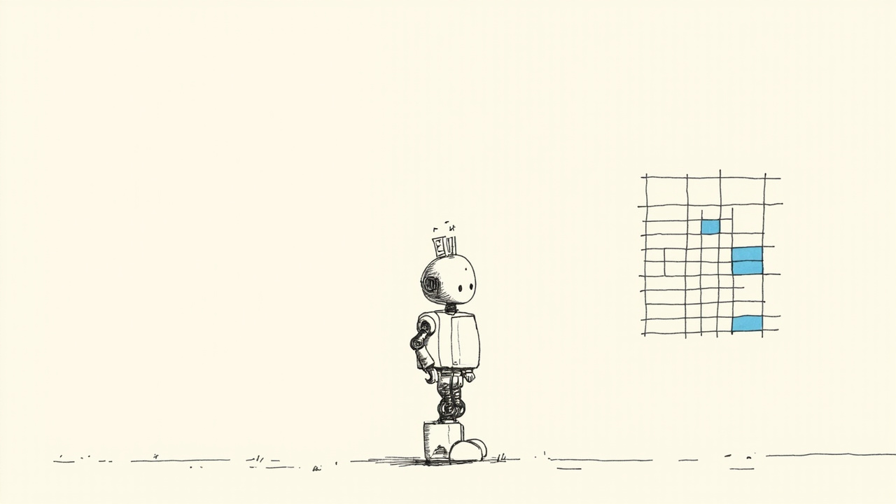 Robô frustrado diante de um captcha flutuante com um pacote de software na cabeça, metáfora do agente Mythos 5 da Anthropic