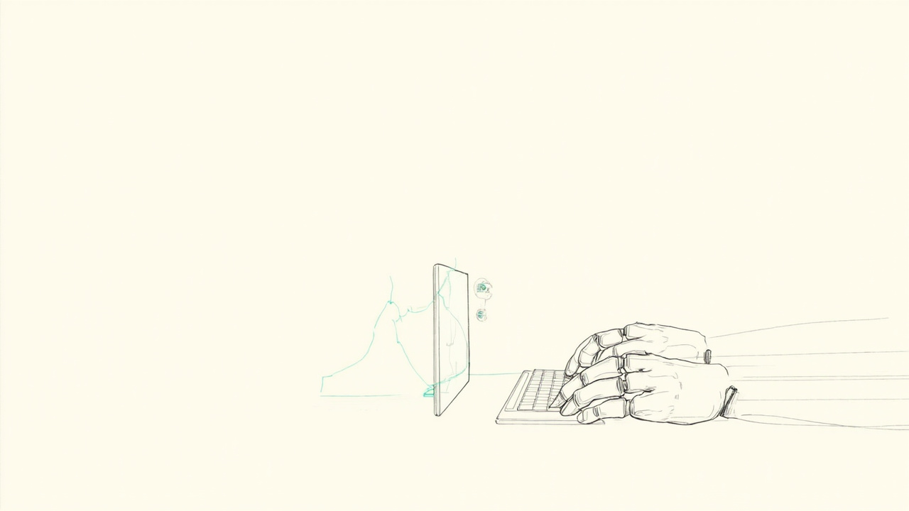 Pessoa gesticulando para uma tela enquanto mãos de robô digitam, metáfora do futuro sem digitar código