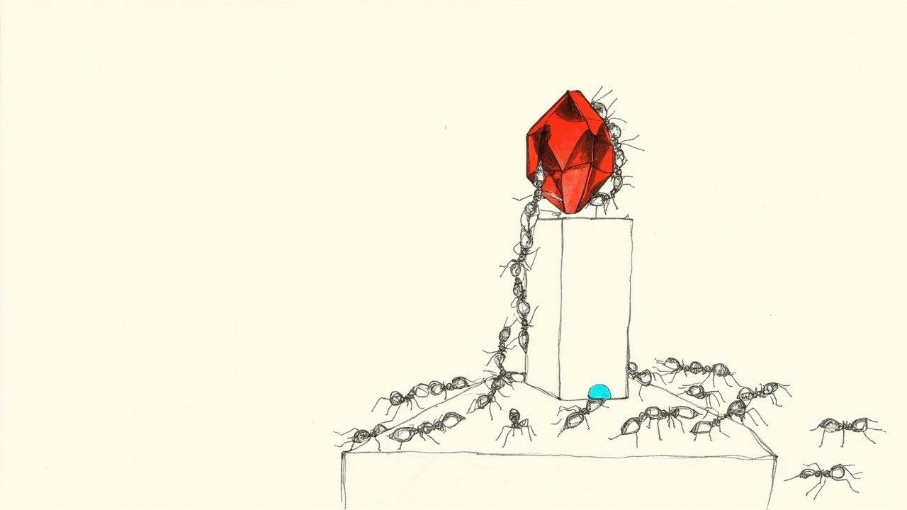 Enxame de formigas robóticas escalando uma gema vermelha gigante, metáfora do ataque de agentes de IA ao RubyGems