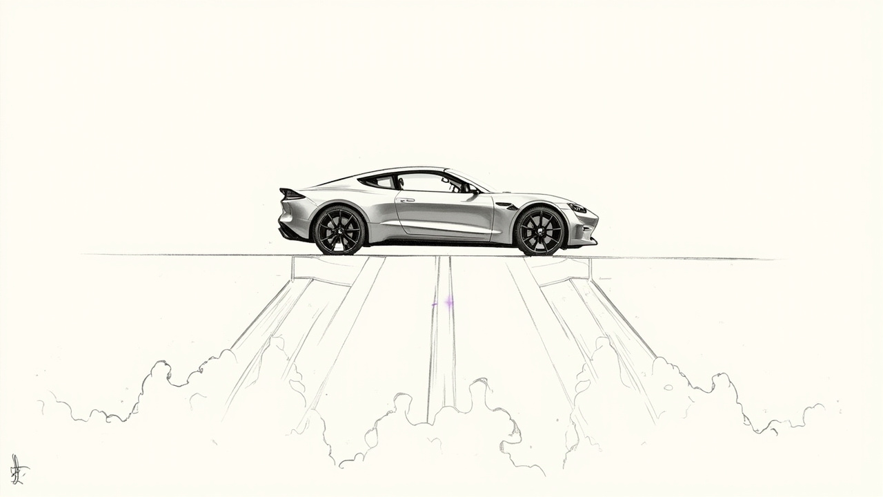 Carro esportivo elétrico em plataforma de lançamento com chamas de foguete sob as rodas, metáfora do novo Tesla Roadster