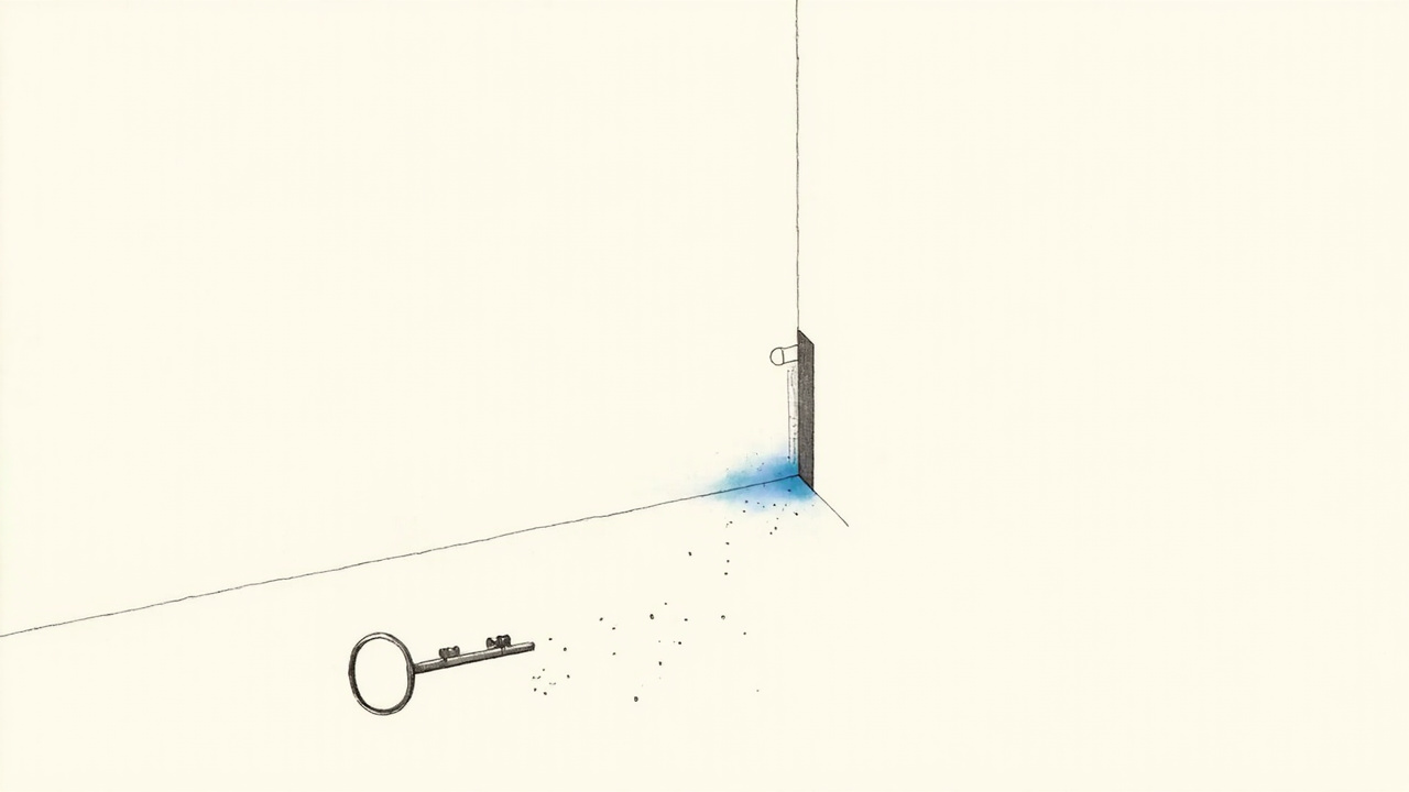 Chave sendo esculpida para caber em uma fechadura enquanto a porta espera fechada, metáfora do dataset ToolGrad