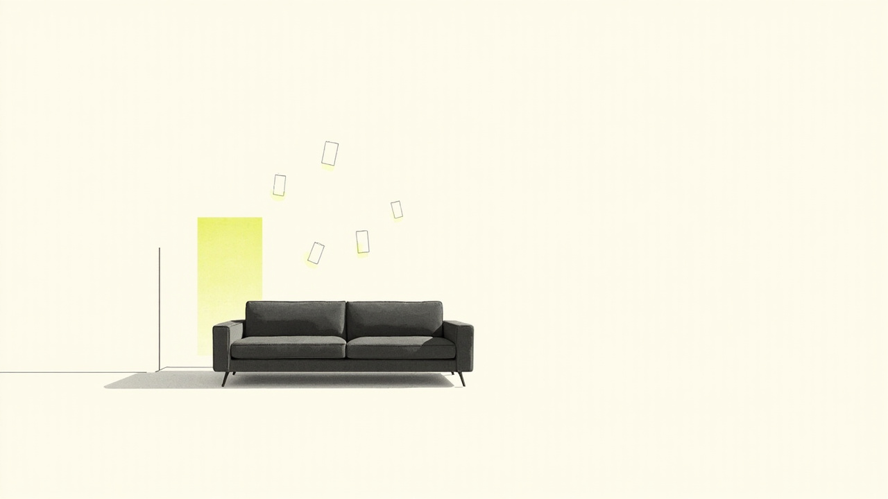 Sofá de sala com TV acesa e quatro telas de celular brilhando, 3 em 4 americanos usam celular assistindo TV