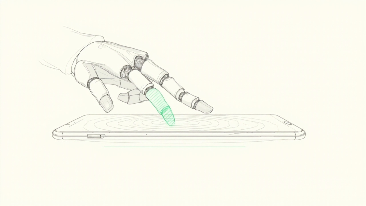 Dedo robótico tocando tela de smartphone com ondas luminosas, ARTEMIS do Google opera Android a partir de instruções naturais