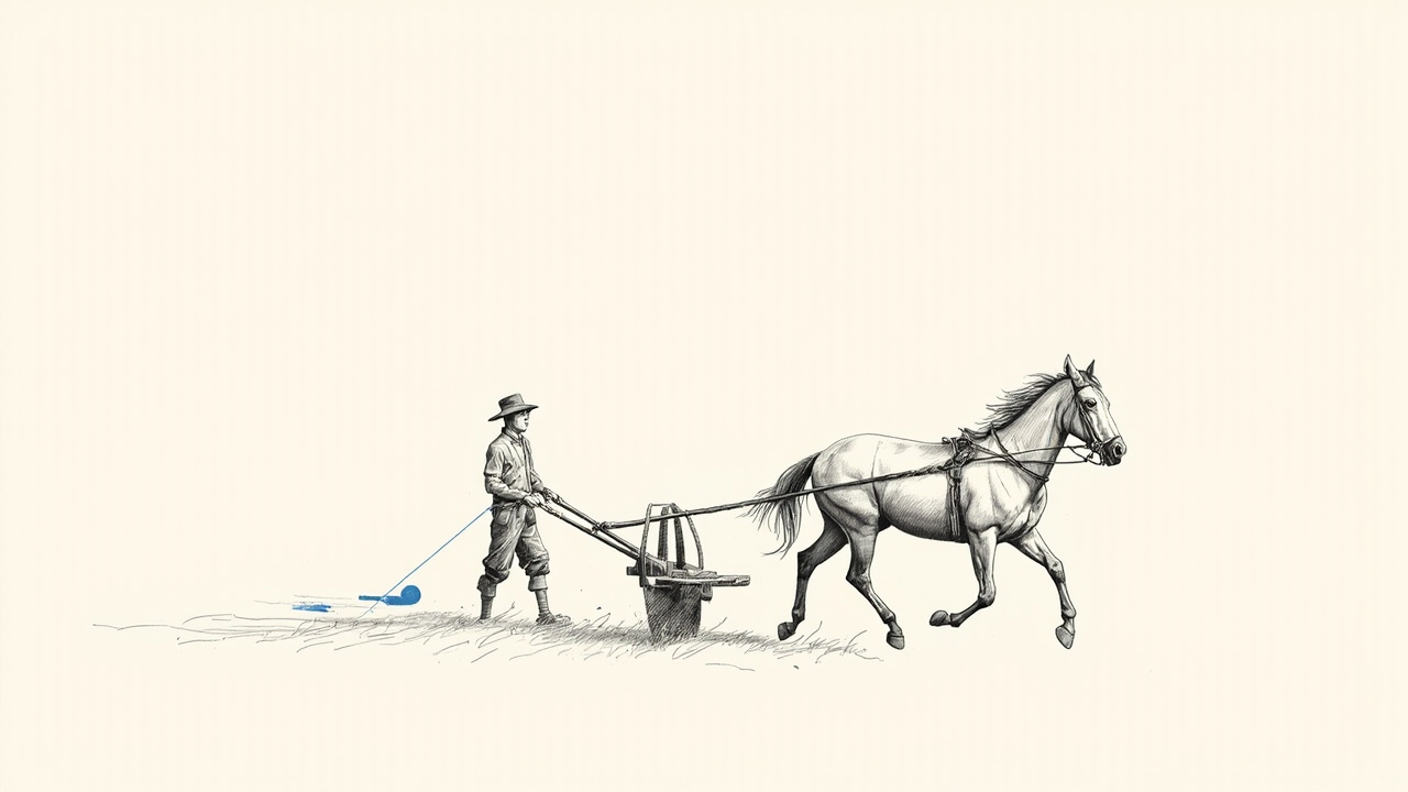 Cavalo de corrida puxando arado com rendas firmes nas mãos do fazendeiro, LLMs como estagiários velozes supervisionados