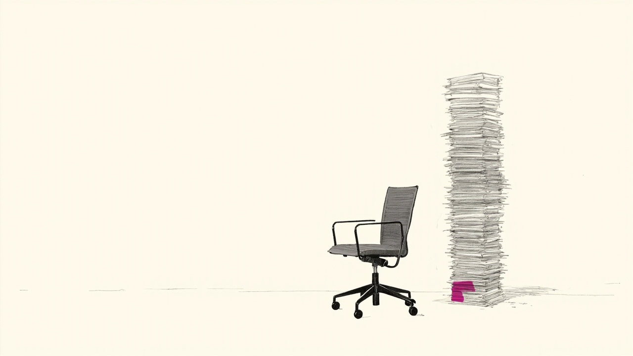 Cadeira de escritório vazia ao lado de pilha de currículos sem resposta, contração do mercado de trabalho nos EUA