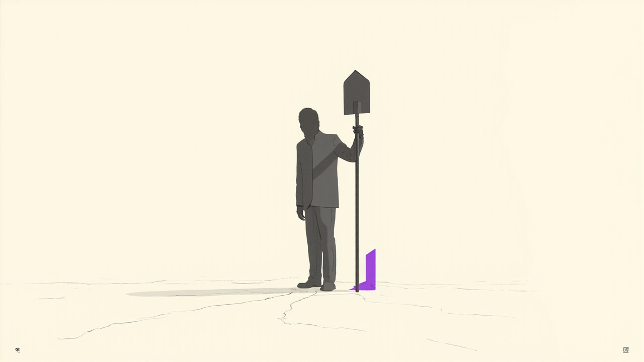 Letras de pôster de cinema formam silhueta de figura com pá, design minimalista inspirado em Saul Bass do filme Digger