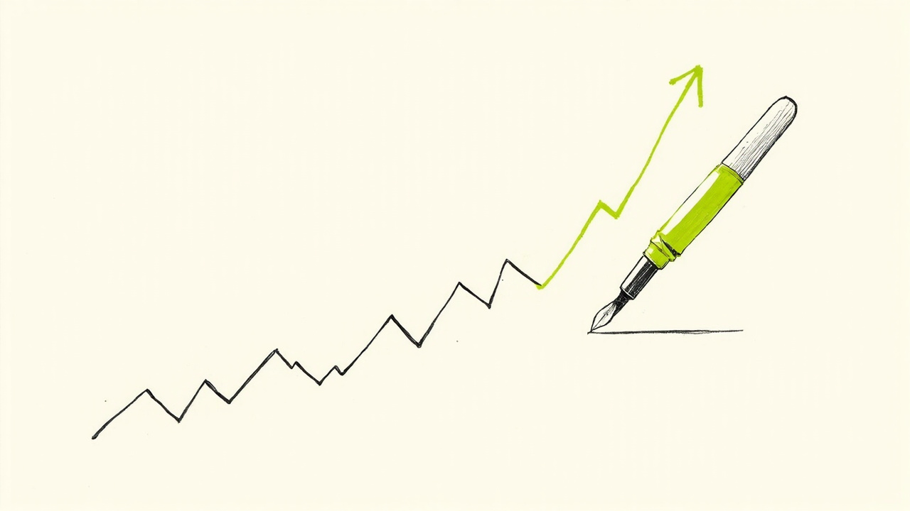 Caneta-tinteiro desenha gráfico de vendas ascendente, thought leadership medido em pipeline nas empresas