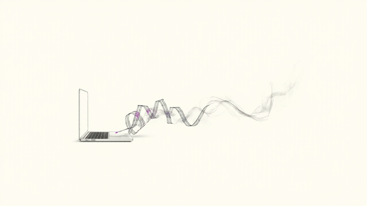 Prompt de texto se transforma em sequência de quadros animados saindo do notebook, ferramenta iart de motion graphics