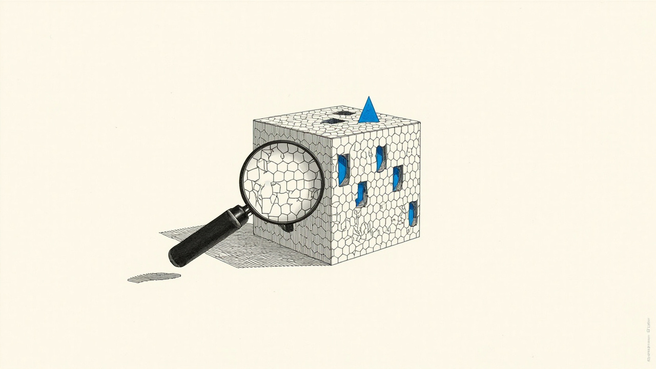 Bloco hexagonal com rachaduras guiadas como labirinto sob lupa, IA recursiva estuda falhas em metamateriais