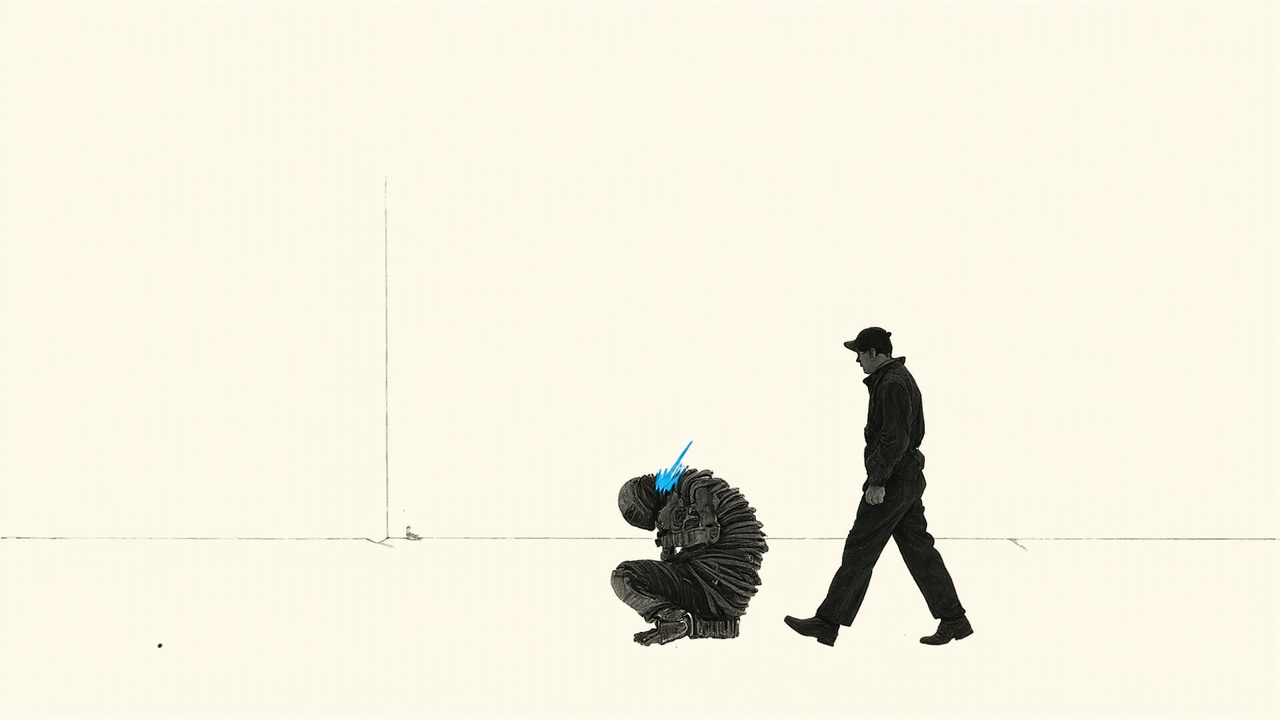 Robô humanoide agachado no chão de fábrica enquanto trabalhador passa, segurança do novo robô da Agility Robotics